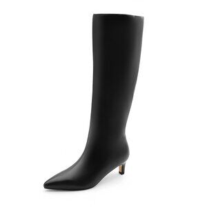 Lurnyet Women's Knee High Boots, Faux Leather Pointed Toe with 2 Inch Heel
